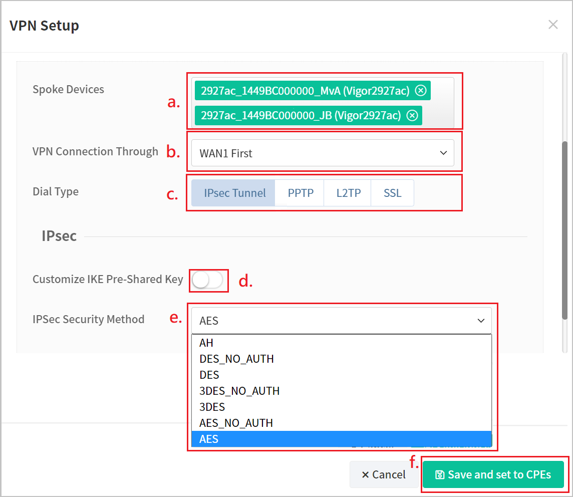 a screenshot of VPN setup for Hub and Spoke